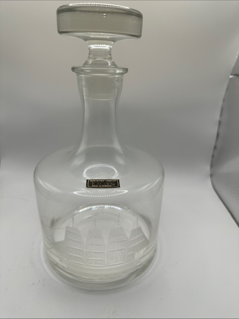 Glass Decanter with Etched Sailboat Motif - Clear